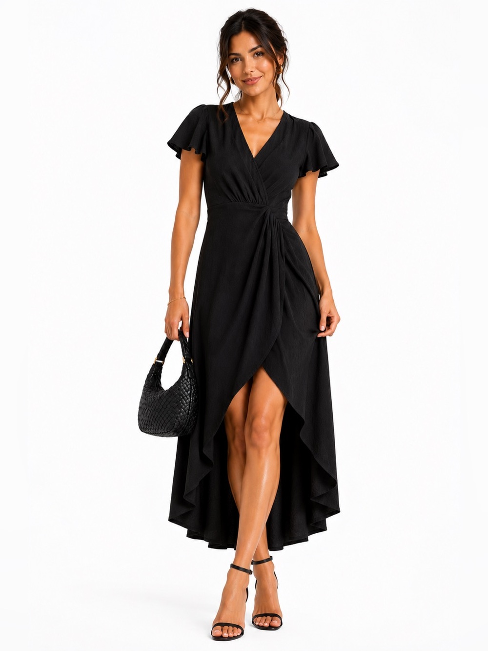 Reformation Black High-Low Wrap Dress with Flutter Sleeves CT